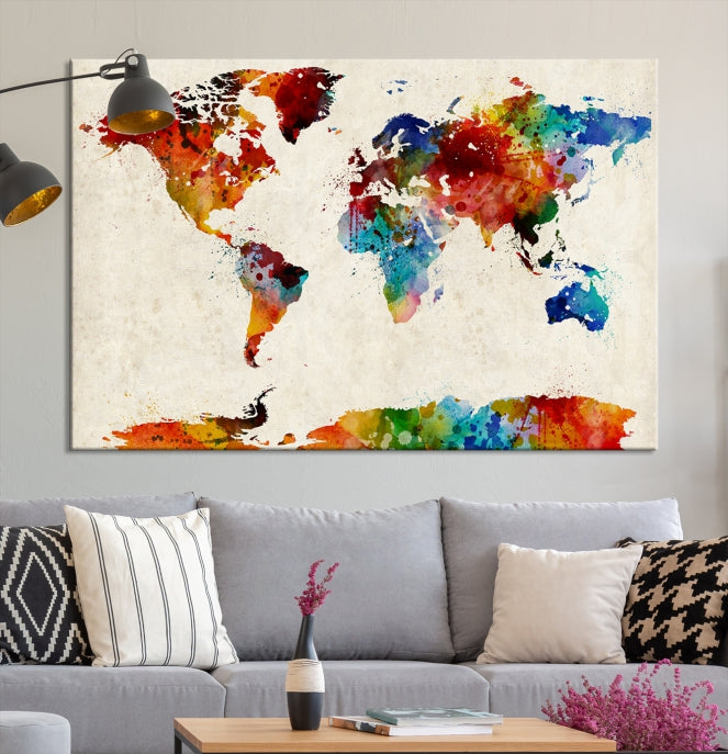 Large Wall Art World Map Watercolor Canvas Print