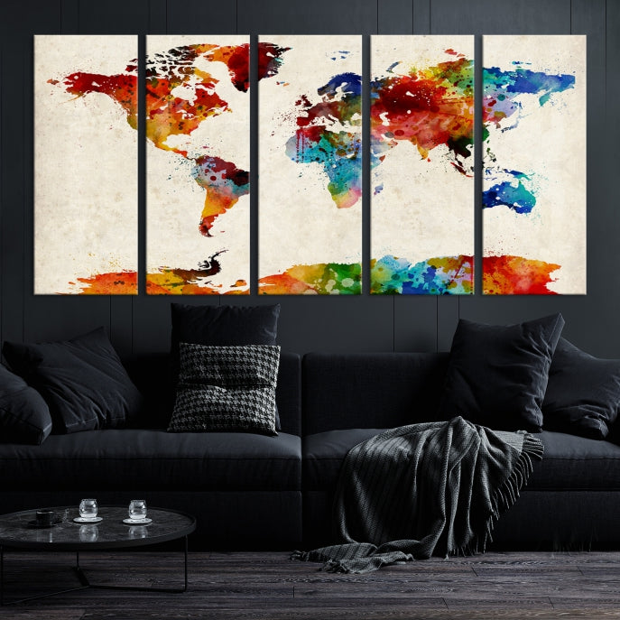 Large Wall Art World Map Watercolor Canvas Print