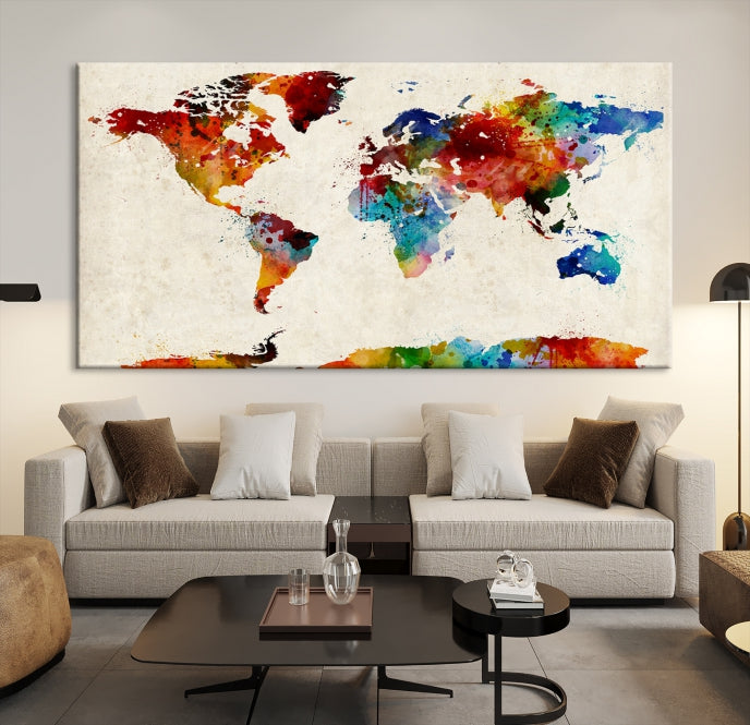 Large Wall Art World Map Watercolor Canvas Print