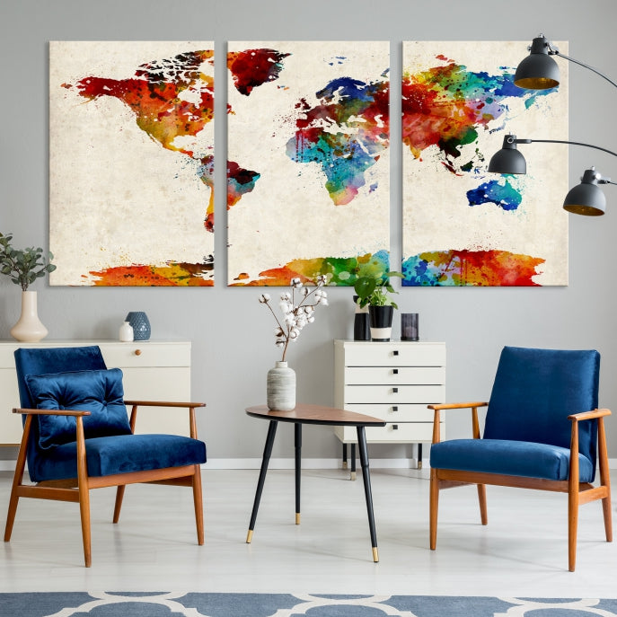 Large Wall Art World Map Watercolor Canvas Print