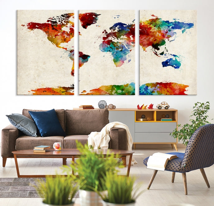 Large Wall Art World Map Watercolor Canvas Print