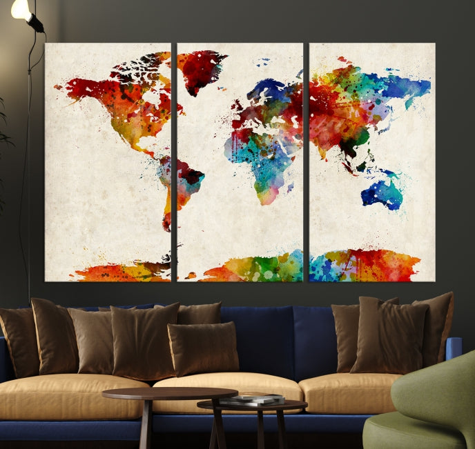 Large Wall Art World Map Watercolor Canvas Print