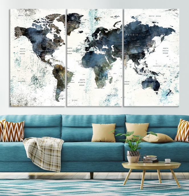 Large Watercolor Push Pin World Map Wall Art Canvas Print