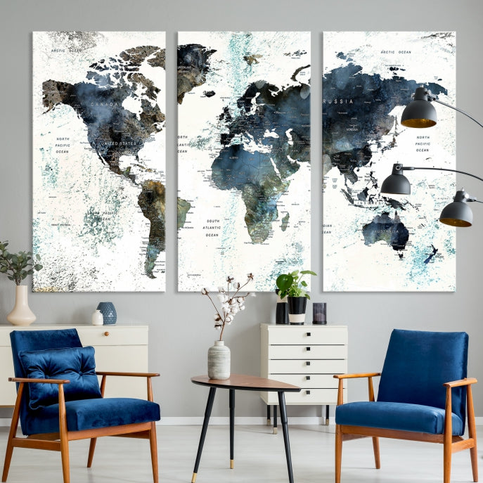 Large Watercolor Push Pin World Map Wall Art Canvas Print