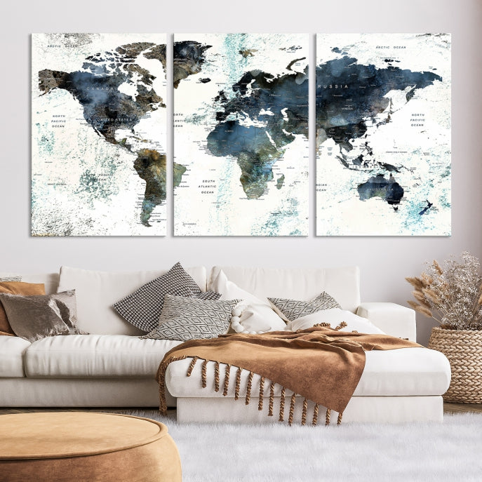 Large Watercolor Push Pin World Map Wall Art Canvas Print