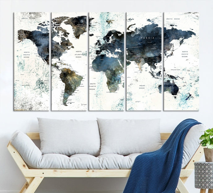 Large Watercolor Push Pin World Map Wall Art Canvas Print