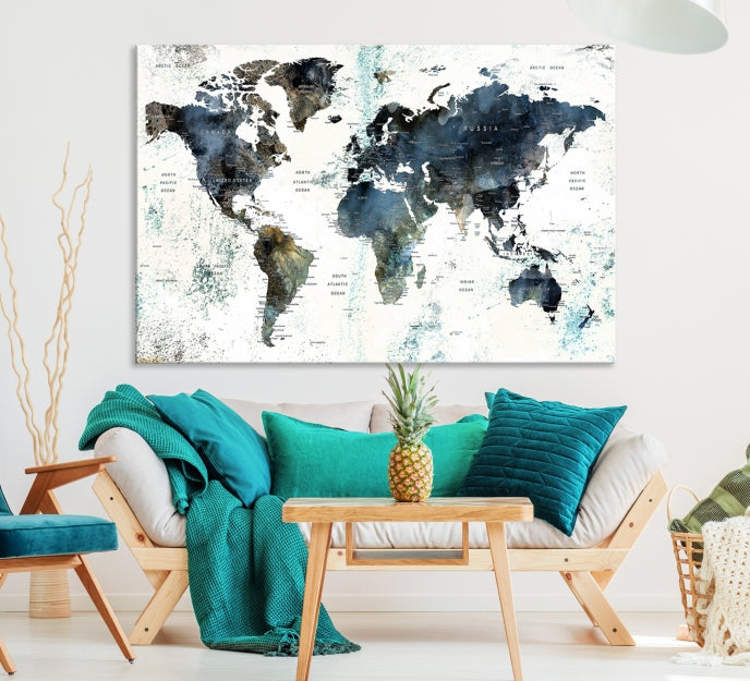 Large Watercolor Push Pin World Map Wall Art Canvas Print