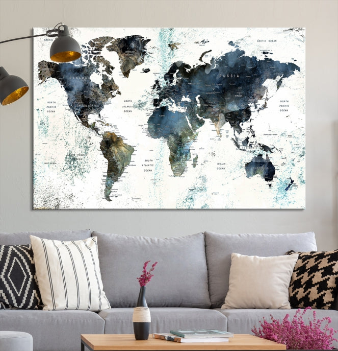 Large Watercolor Push Pin World Map Wall Art Canvas Print