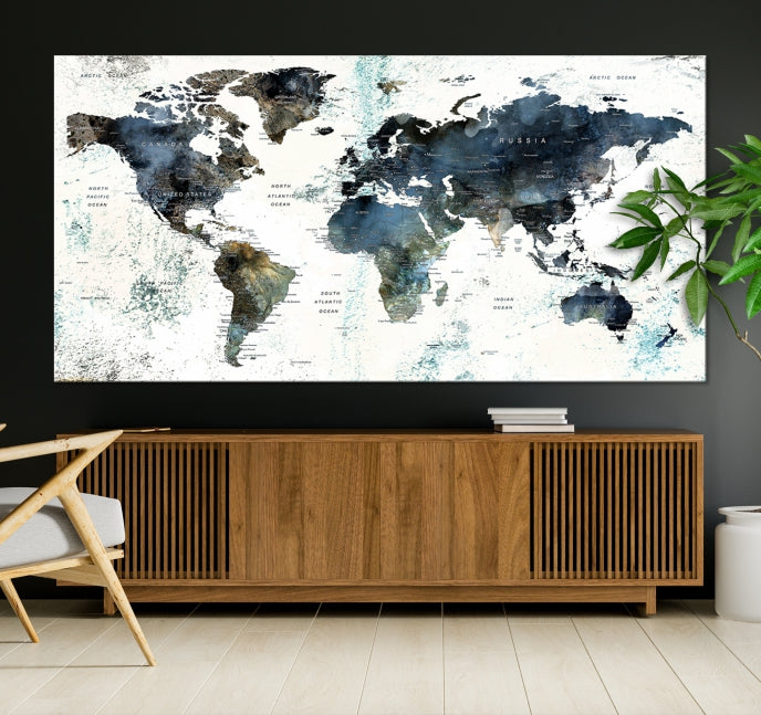 Large Watercolor Push Pin World Map Wall Art Canvas Print