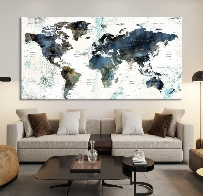 Large Watercolor Push Pin World Map Wall Art Canvas Print