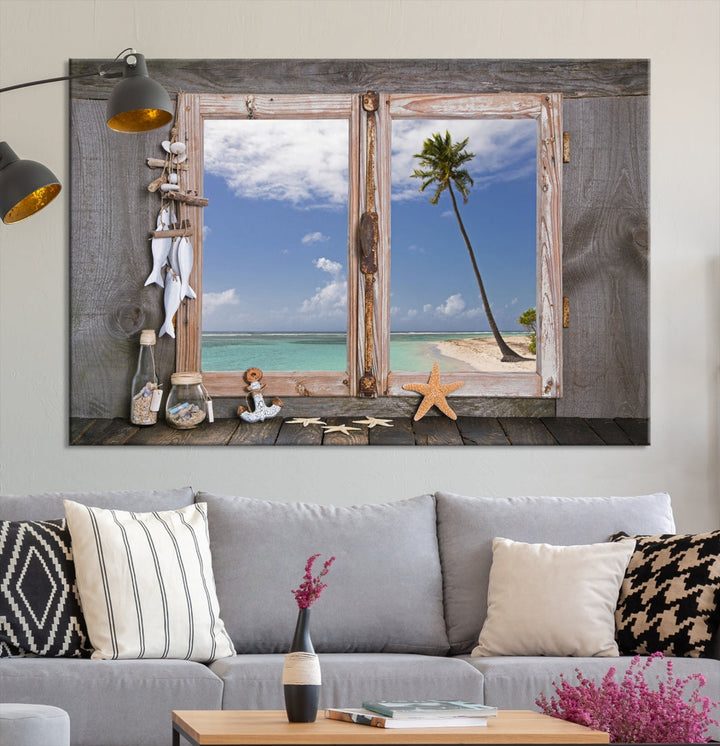 Large Window Wall Art Relaxing Beach Photo Canvas Art Print Starfish Seashells Nautical Art Framed Ocean Artwork