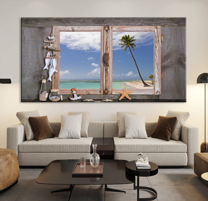 Large Window Wall Art Relaxing Beach Photo Canvas Art Print Starfish Seashells Nautical Art Framed Ocean Artwork