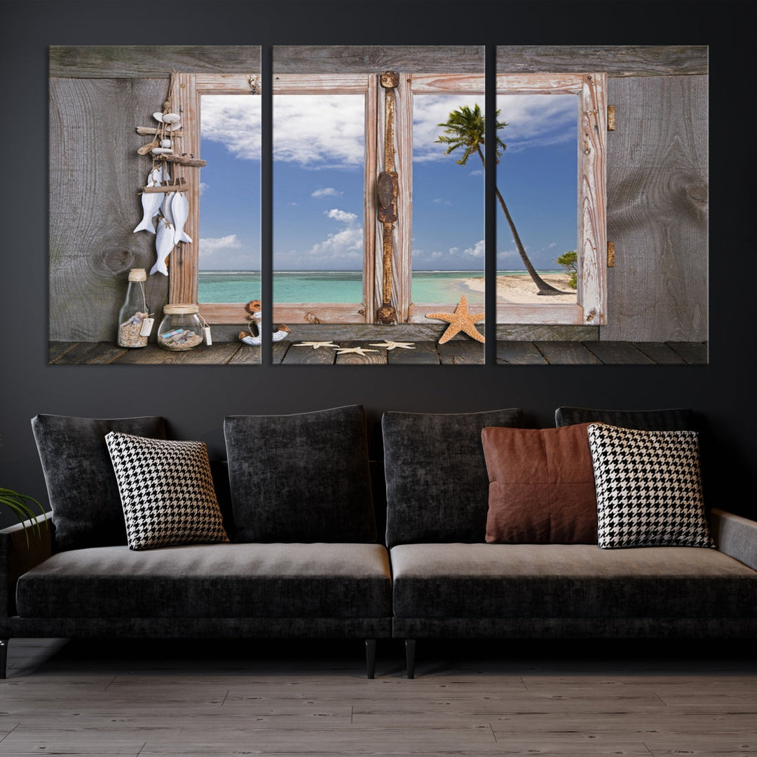 Large Window Wall Art Relaxing Beach Photo Canvas Art Print Starfish Seashells Nautical Art Framed Ocean Artwork