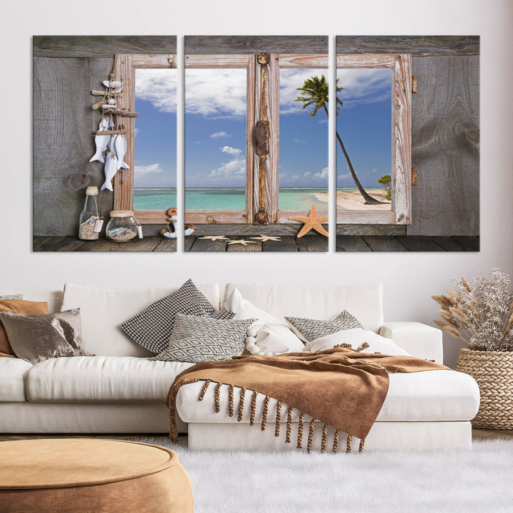 Large Window Wall Art Relaxing Beach Photo Canvas Art Print Starfish Seashells Nautical Art Framed Ocean Artwork