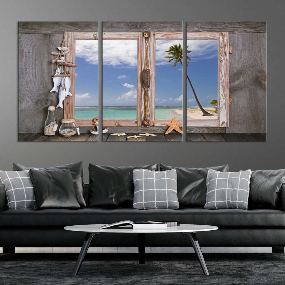 Large Window Wall Art Relaxing Beach Photo Canvas Art Print Starfish Seashells Nautical Art Framed Ocean Artwork