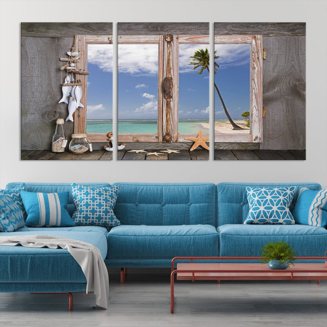 Large Window Wall Art Relaxing Beach Photo Canvas Art Print Starfish Seashells Nautical Art Framed Ocean Artwork