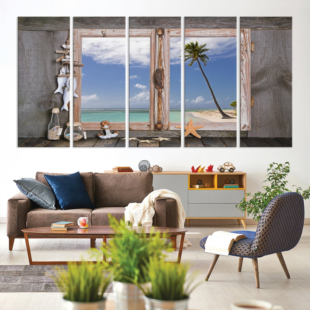 Large Window Wall Art Relaxing Beach Photo Canvas Art Print Starfish Seashells Nautical Art Framed Ocean Artwork