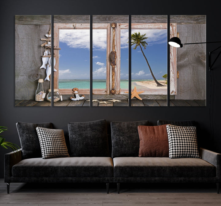 Large Window Wall Art Relaxing Beach Photo Canvas Art Print Starfish Seashells Nautical Art Framed Ocean Artwork