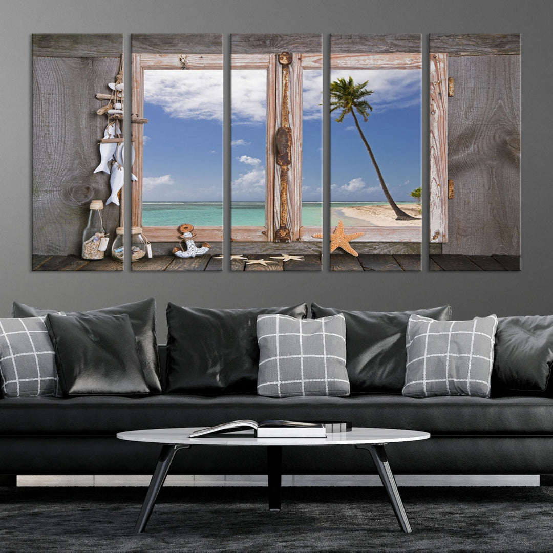 Large Window Wall Art Relaxing Beach Photo Canvas Art Print Starfish Seashells Nautical Art Framed Ocean Artwork