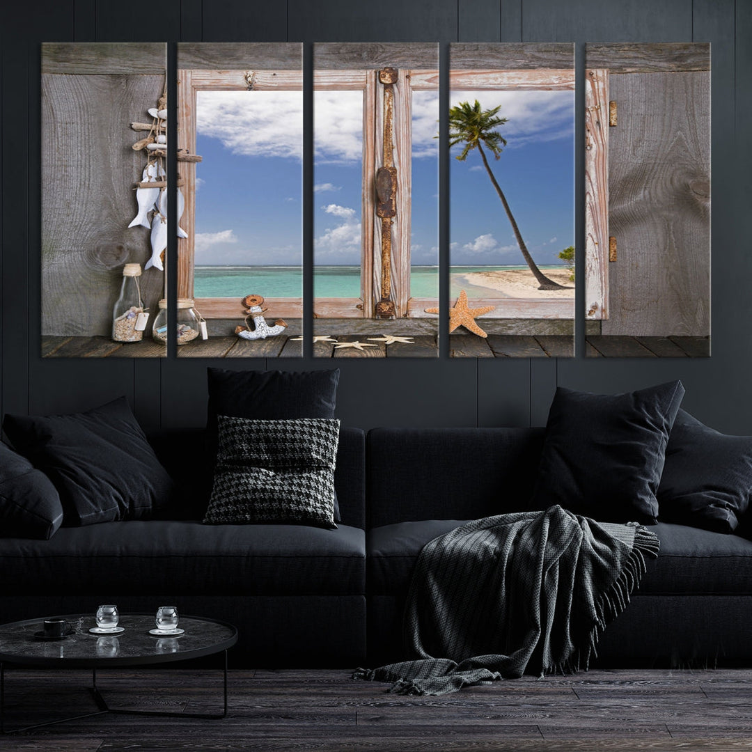 Large Window Wall Art Relaxing Beach Photo Canvas Art Print Starfish Seashells Nautical Art Framed Ocean Artwork