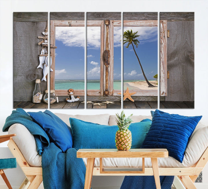 Large Window Wall Art Relaxing Beach Photo Canvas Art Print Starfish Seashells Nautical Art Framed Ocean Artwork