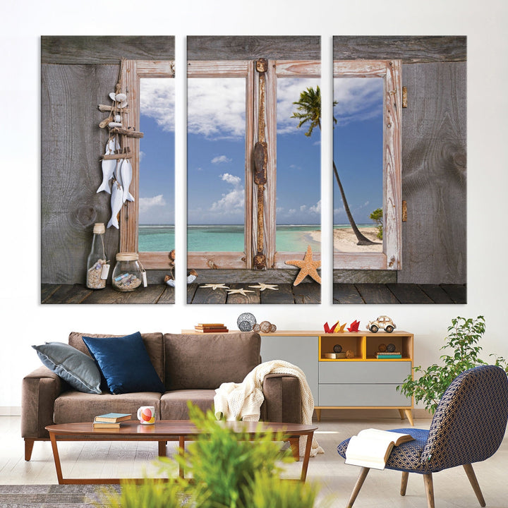 Large Window Wall Art Relaxing Beach Photo Canvas Art Print Starfish Seashells Nautical Art Framed Ocean Artwork