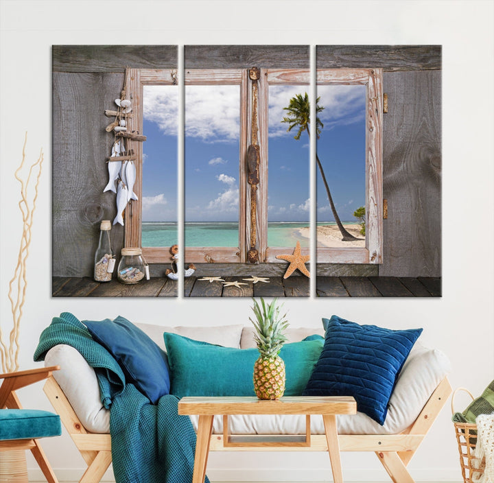 Large Window Wall Art Relaxing Beach Photo Canvas Art Print Starfish Seashells Nautical Art Framed Ocean Artwork