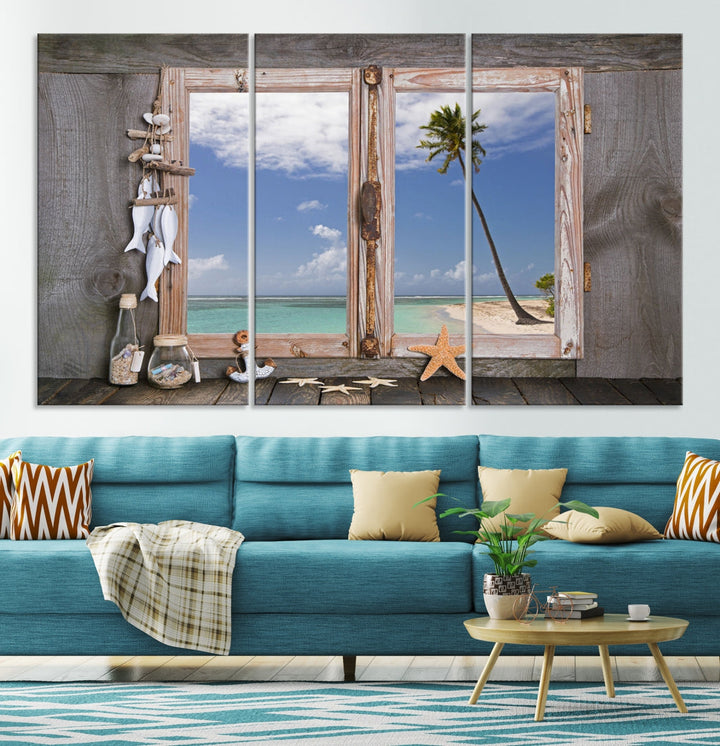 Large Window Wall Art Relaxing Beach Photo Canvas Art Print Starfish Seashells Nautical Art Framed Ocean Artwork