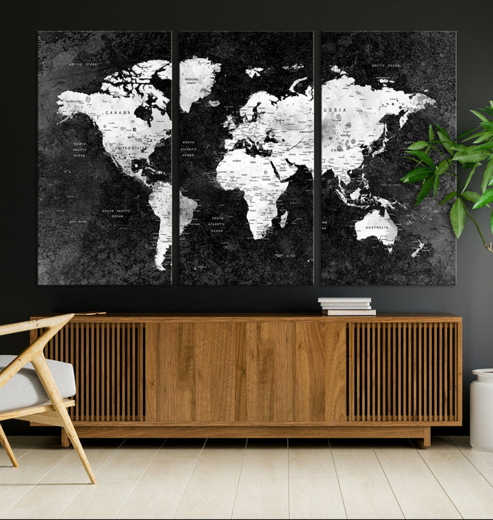 Large World Map Wall Art with Black Background Detailed Map on Canvas Print