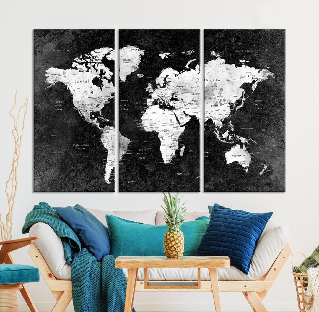 Large World Map Wall Art with Black Background Detailed Map on Canvas Print