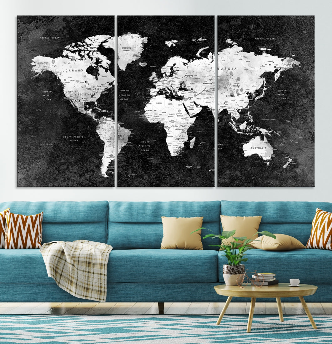 Large World Map Wall Art with Black Background Detailed Map on Canvas Print