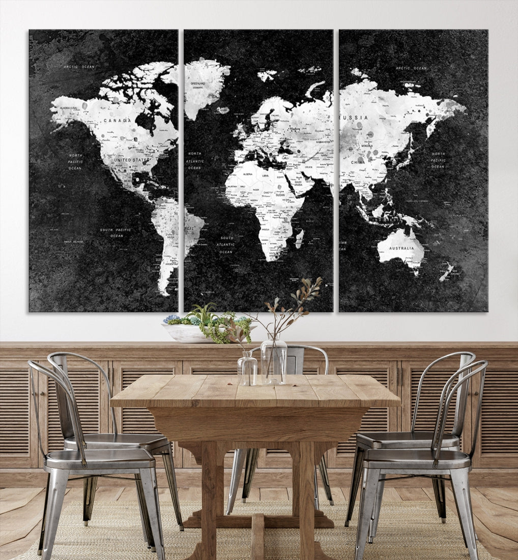 Large World Map Wall Art with Black Background Detailed Map on Canvas Print