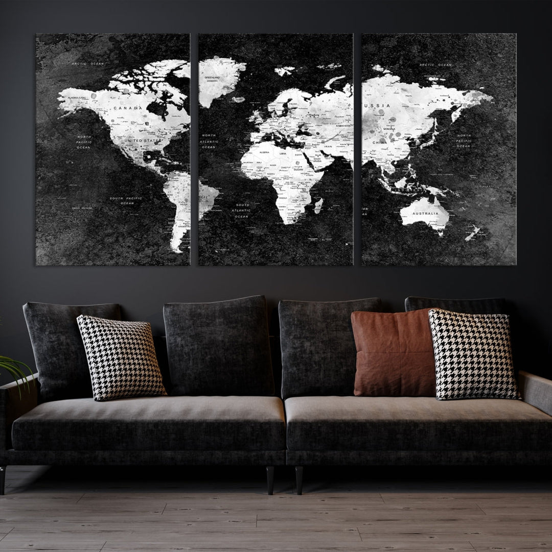 Large World Map Wall Art with Black Background Detailed Map on Canvas Print