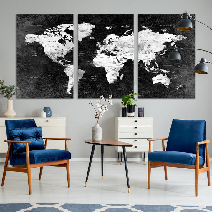 Large World Map Wall Art with Black Background Detailed Map on Canvas Print