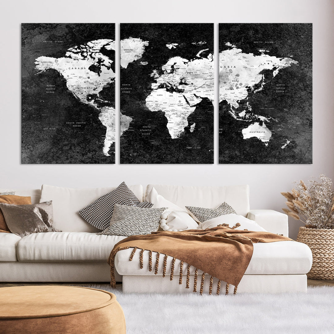 Large World Map Wall Art with Black Background Detailed Map on Canvas Print