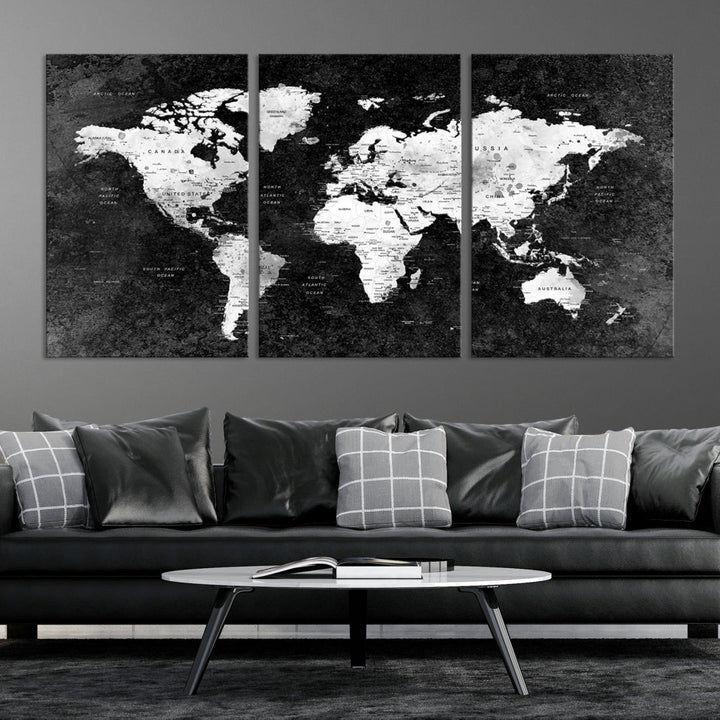 Large World Map Wall Art with Black Background Detailed Map on Canvas Print