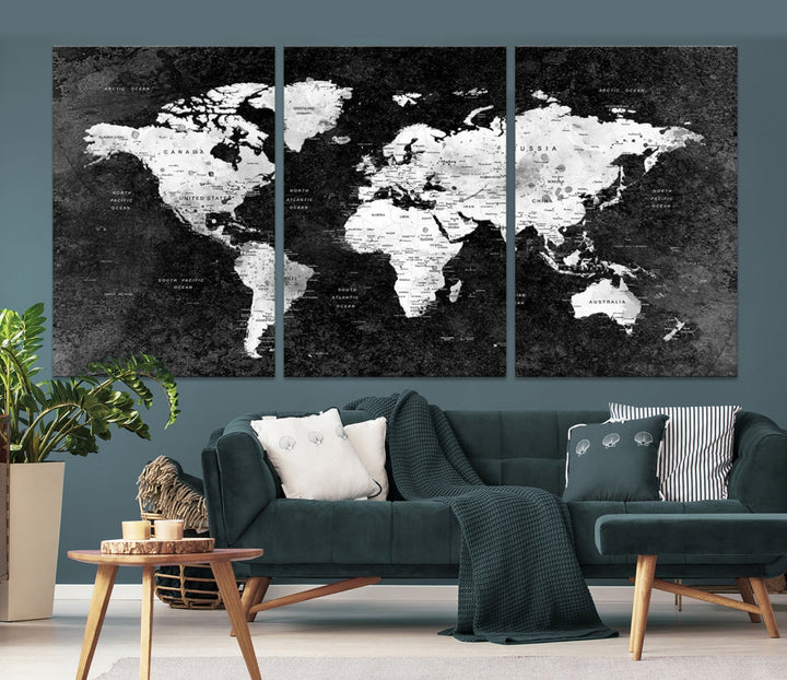 Large World Map Wall Art with Black Background Detailed Map on Canvas Print