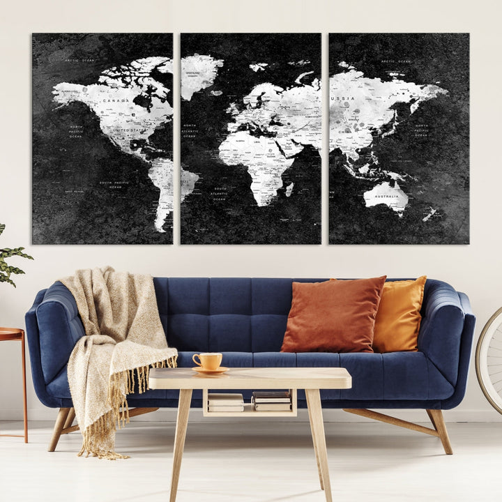 Large World Map Wall Art with Black Background Detailed Map on Canvas Print