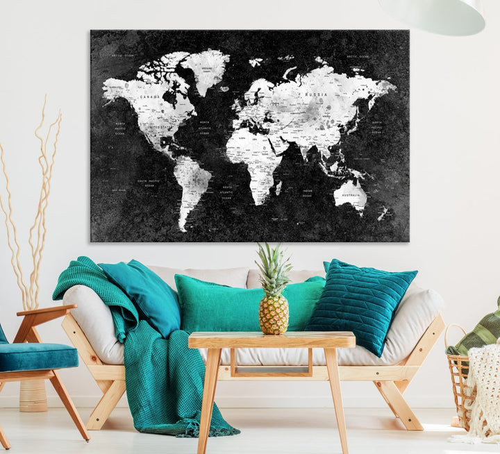 Large World Map Wall Art with Black Background Detailed Map on Canvas Print