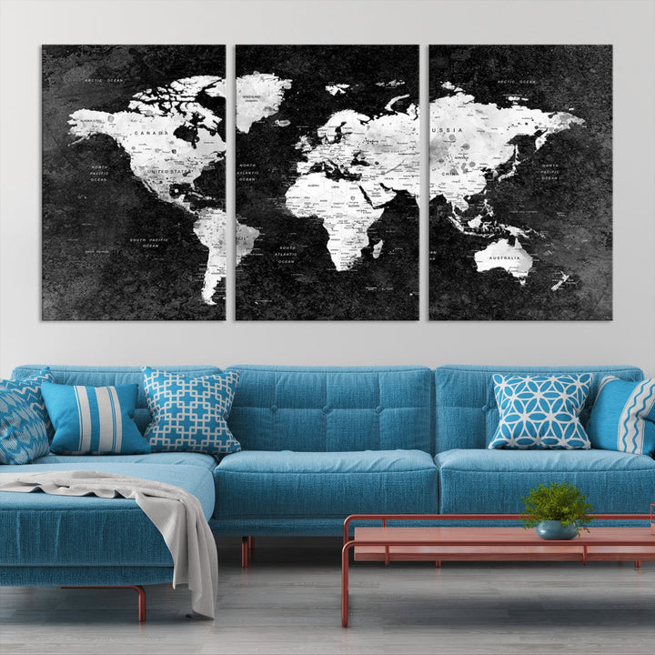 Large World Map Wall Art with Black Background Detailed Map on Canvas Print