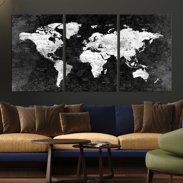 Large World Map Wall Art with Black Background Detailed Map on Canvas Print