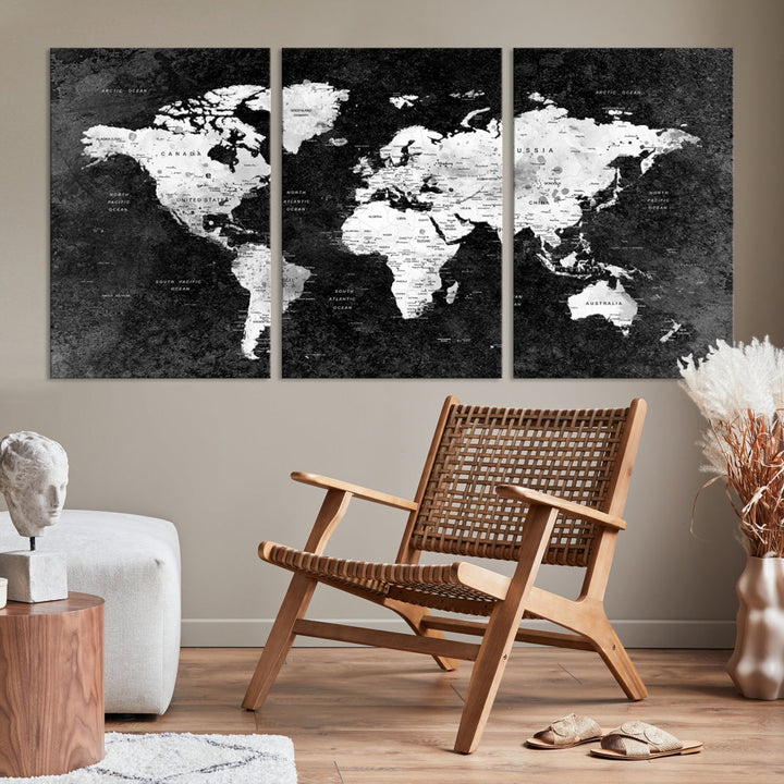 Large World Map Wall Art with Black Background Detailed Map on Canvas Print