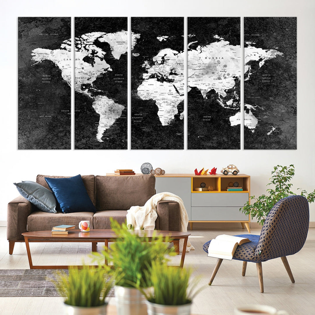 Large World Map Wall Art with Black Background Detailed Map on Canvas Print