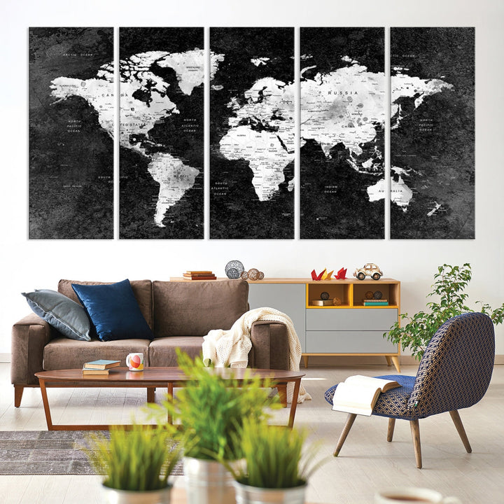 Large World Map Wall Art with Black Background Detailed Map on Canvas Print