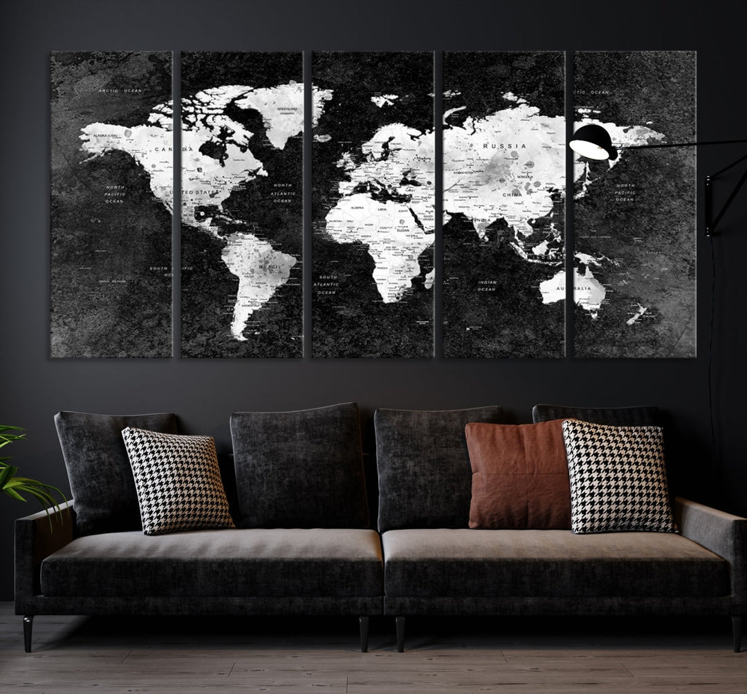 Large World Map Wall Art with Black Background Detailed Map on Canvas Print