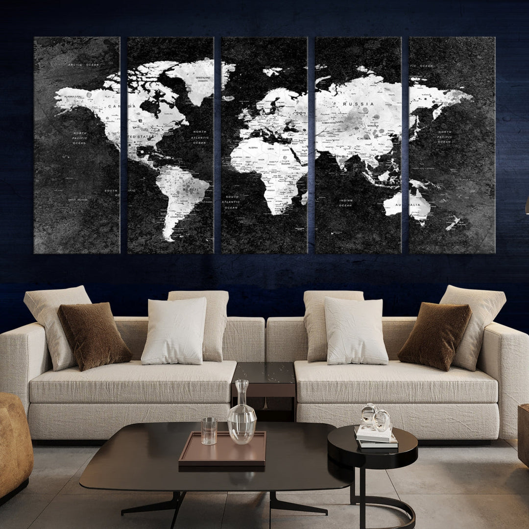 Large World Map Wall Art with Black Background Detailed Map on Canvas Print