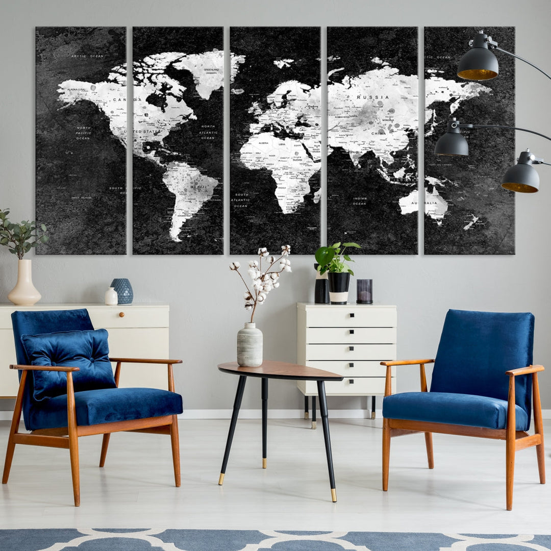 Large World Map Wall Art with Black Background Detailed Map on Canvas Print