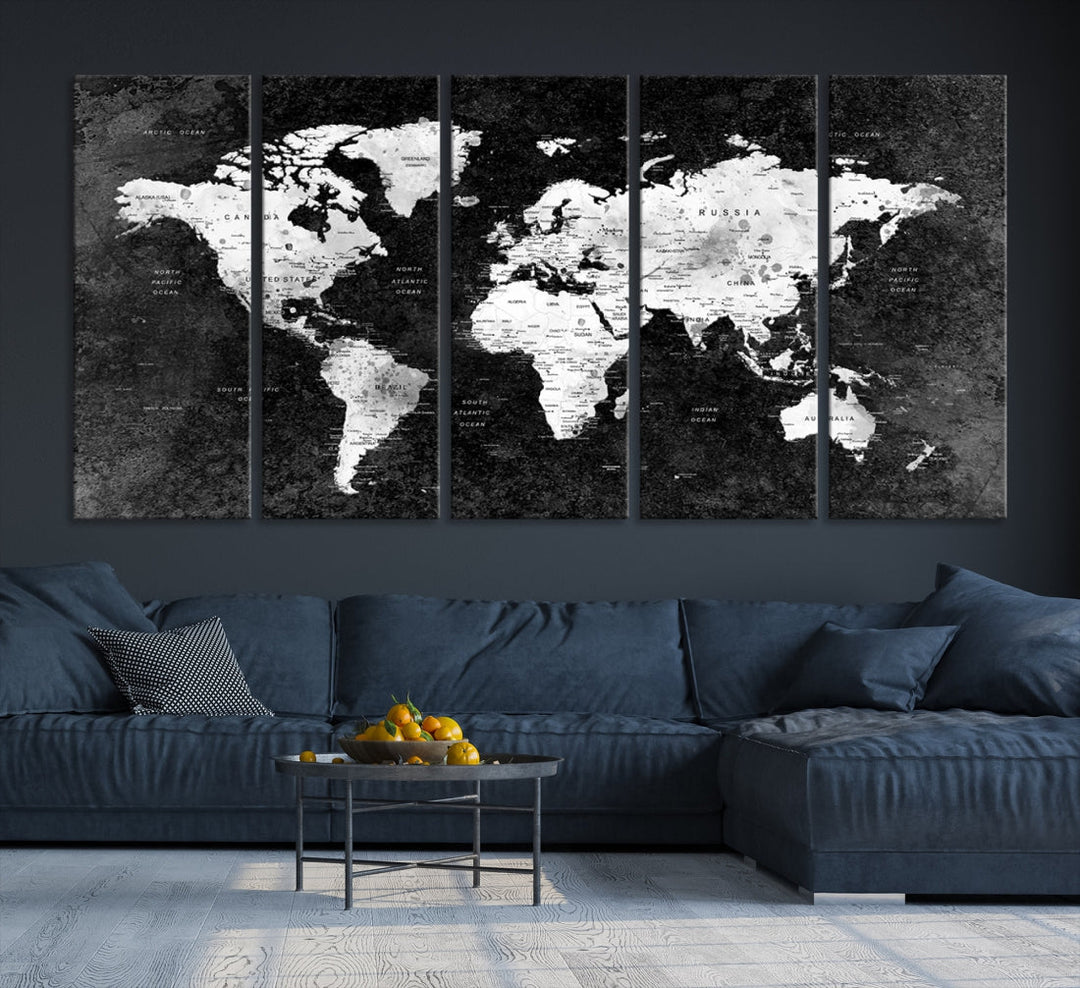 Large World Map Wall Art with Black Background Detailed Map on Canvas Print