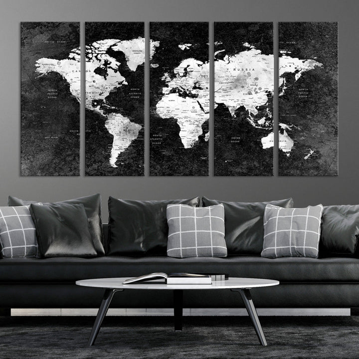 Large World Map Wall Art with Black Background Detailed Map on Canvas Print