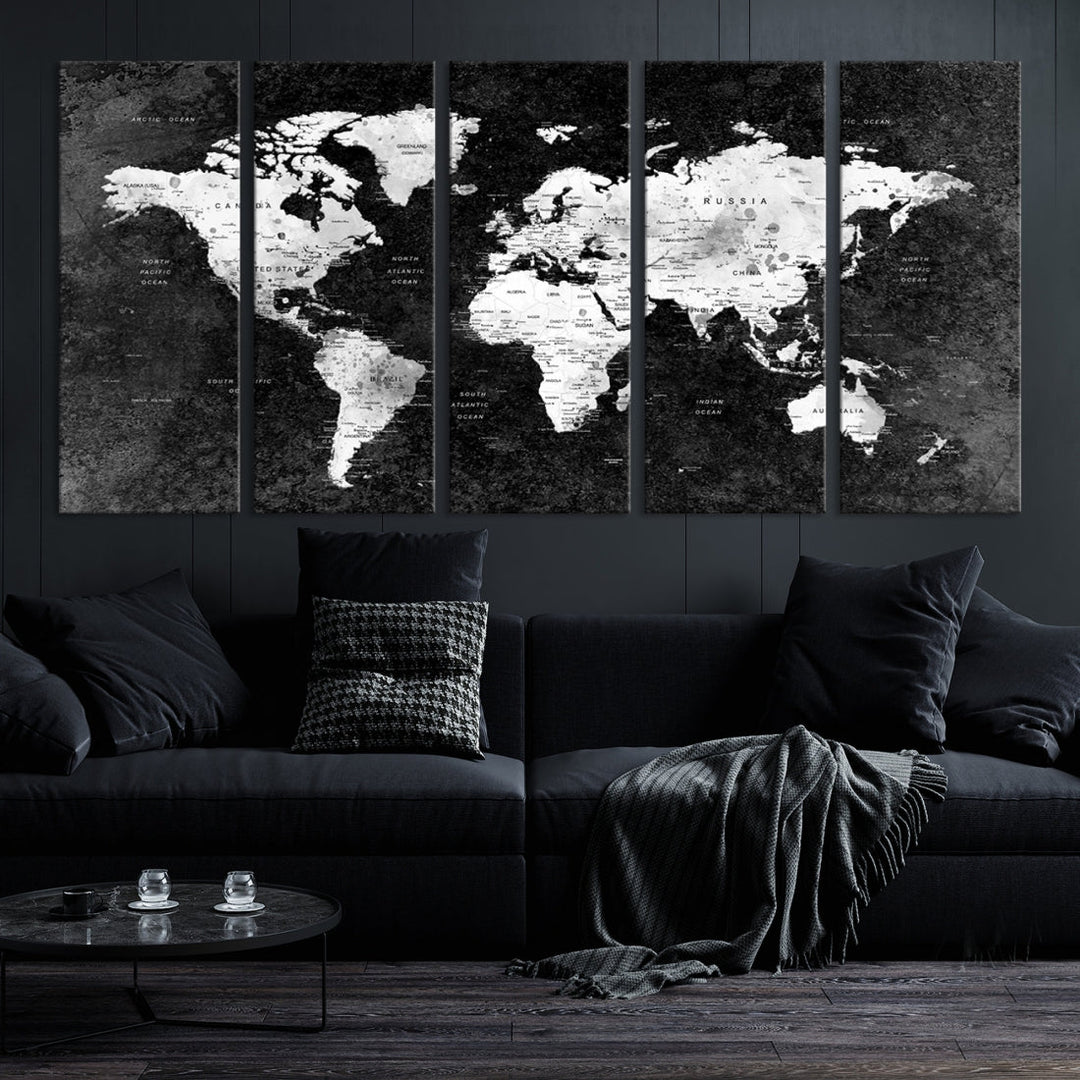 Large World Map Wall Art with Black Background Detailed Map on Canvas Print